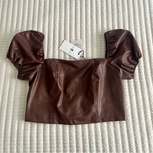 NWT - Brown Puff Sleeve Leather Top